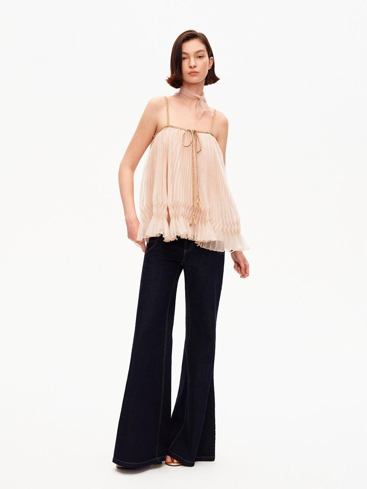 STRIKE A POSE Oatmeal A Line Pin Tuck Braided Tie Square Neck Women&