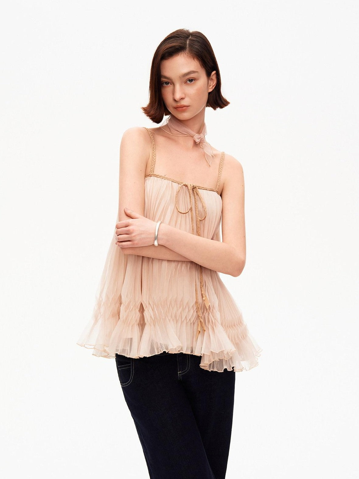 STRIKE A POSE Oatmeal A Line Pin Tuck Braided Tie Square Neck Women&