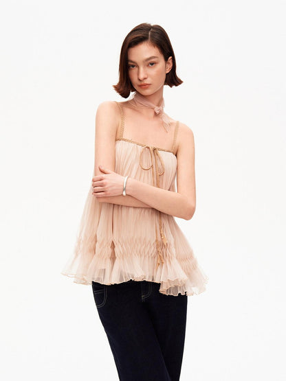 STRIKE A POSE Oatmeal A Line Pin Tuck Braided Tie Square Neck Women&