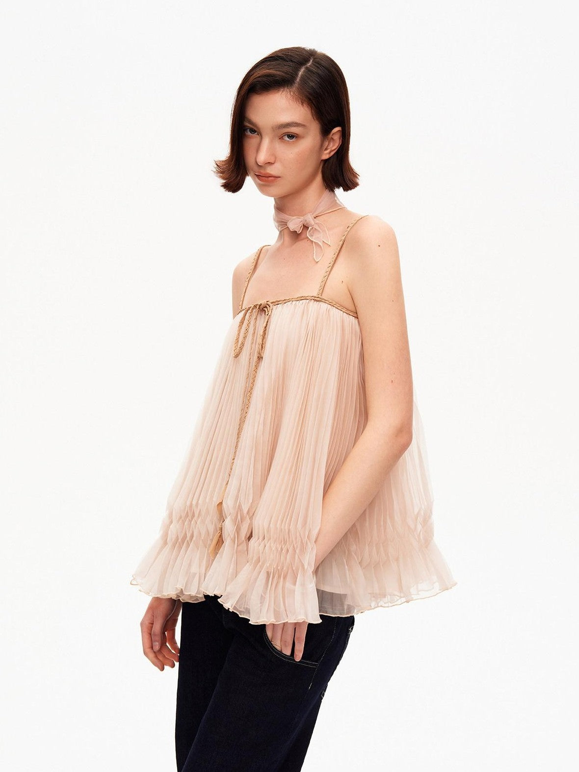 STRIKE A POSE Oatmeal A Line Pin Tuck Braided Tie Square Neck Women&