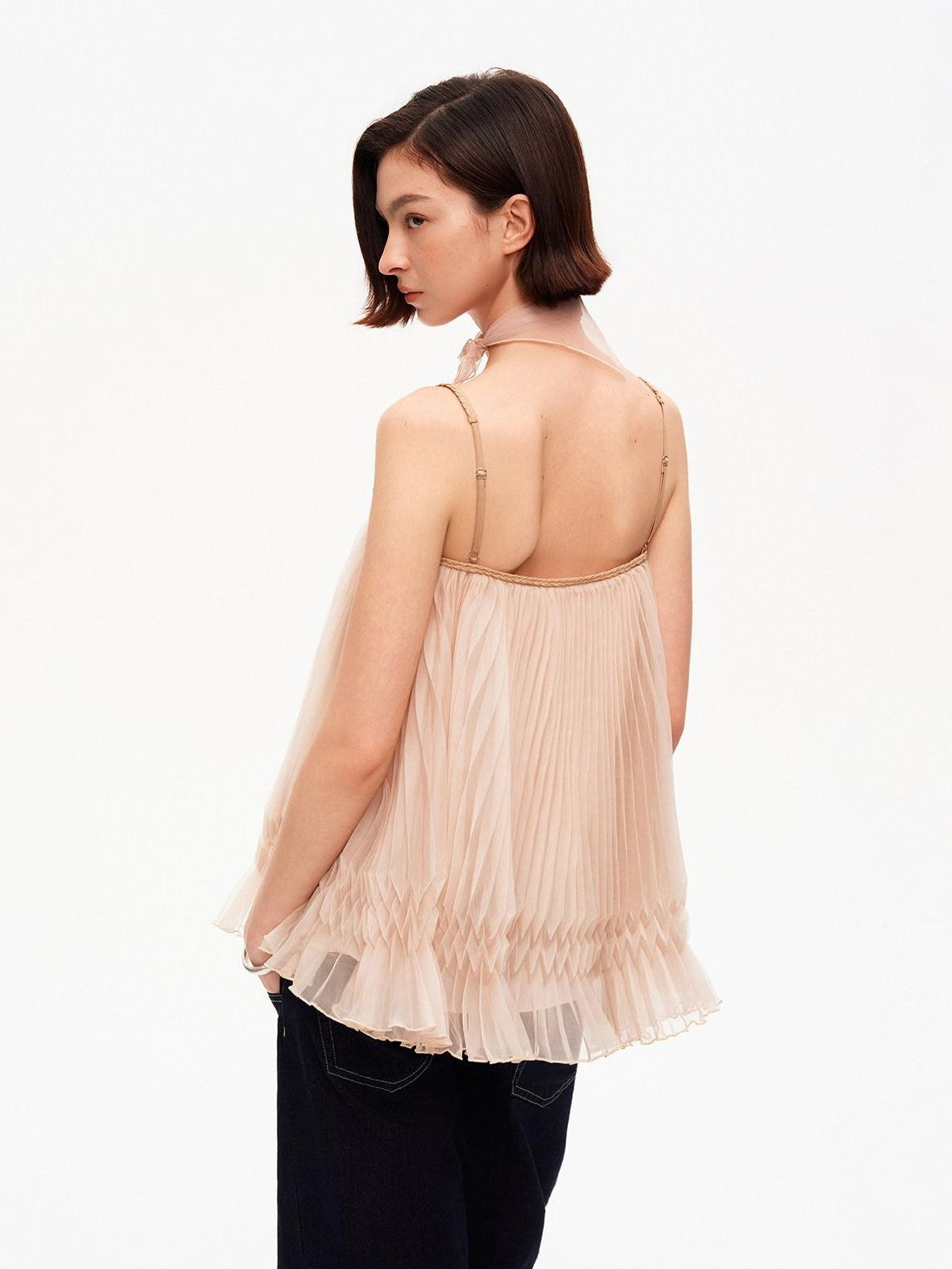 STRIKE A POSE Oatmeal A Line Pin Tuck Braided Tie Square Neck Women&