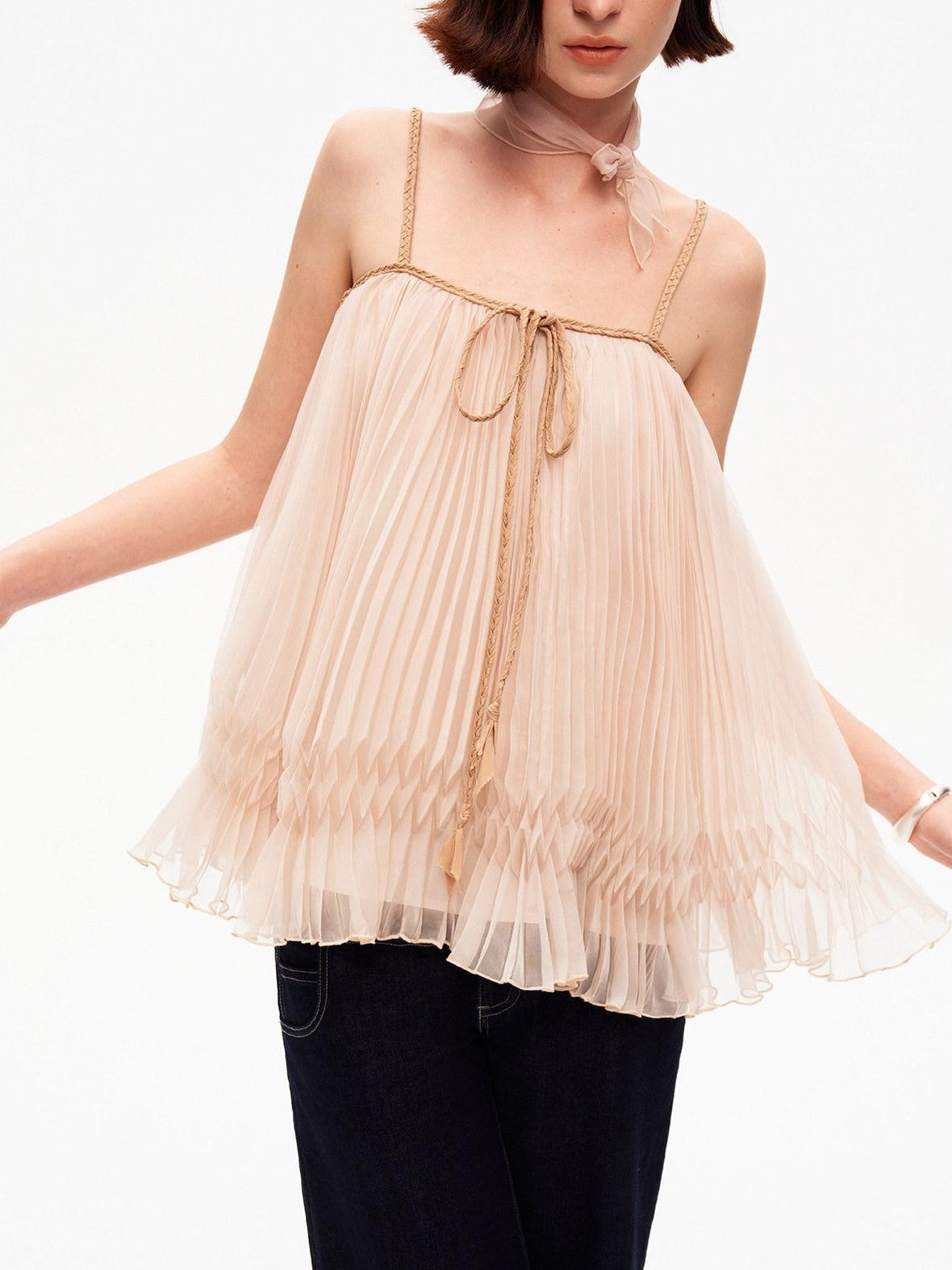 STRIKE A POSE Oatmeal A Line Pin Tuck Braided Tie Square Neck Women&