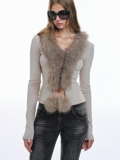 STRIKE A POSE Oatmeal Eco Fur Patchwork V-neck Slim Cropped Knit Women&