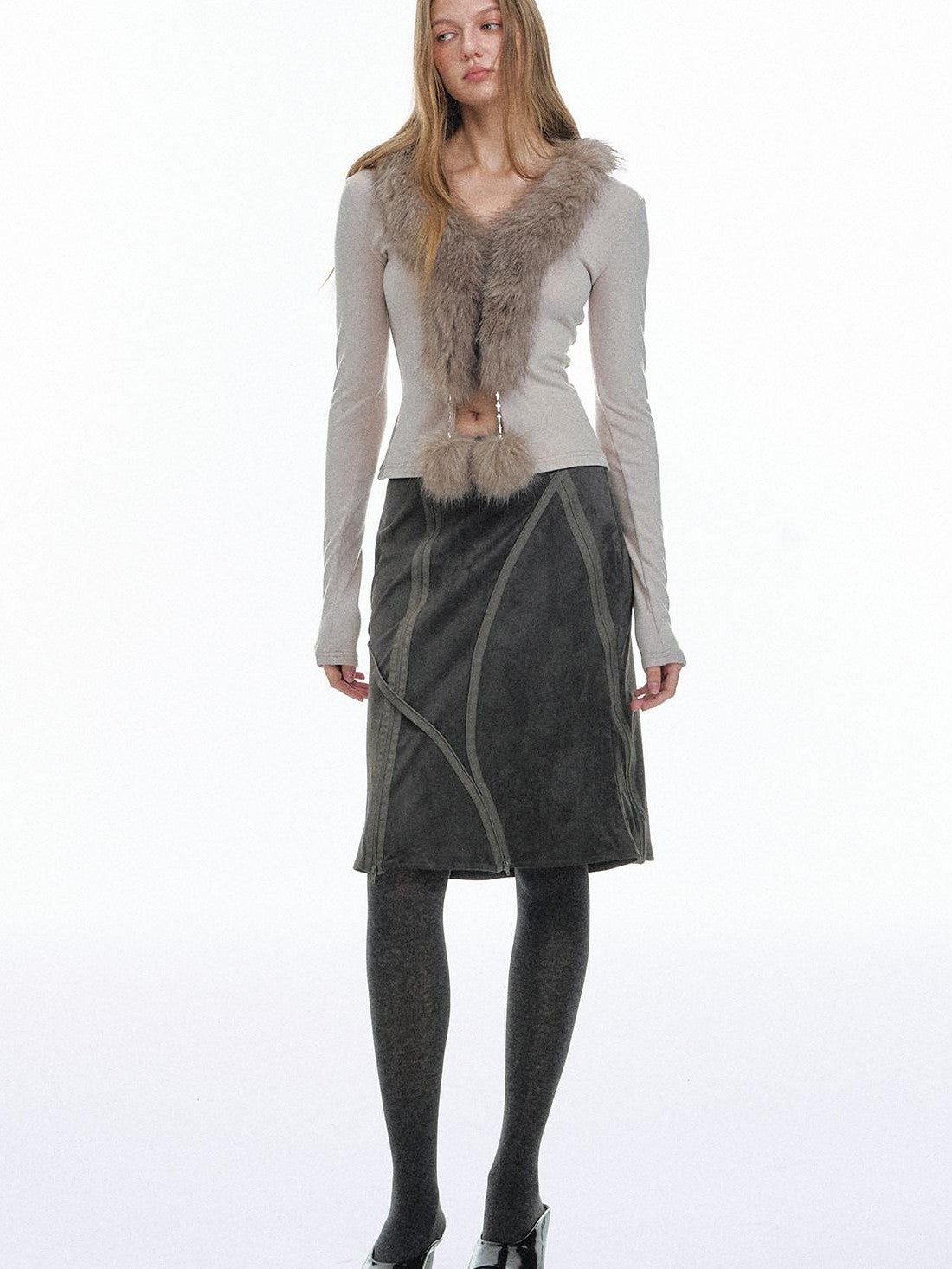 STRIKE A POSE Oatmeal Eco Fur Patchwork V-neck Slim Cropped Knit Women&