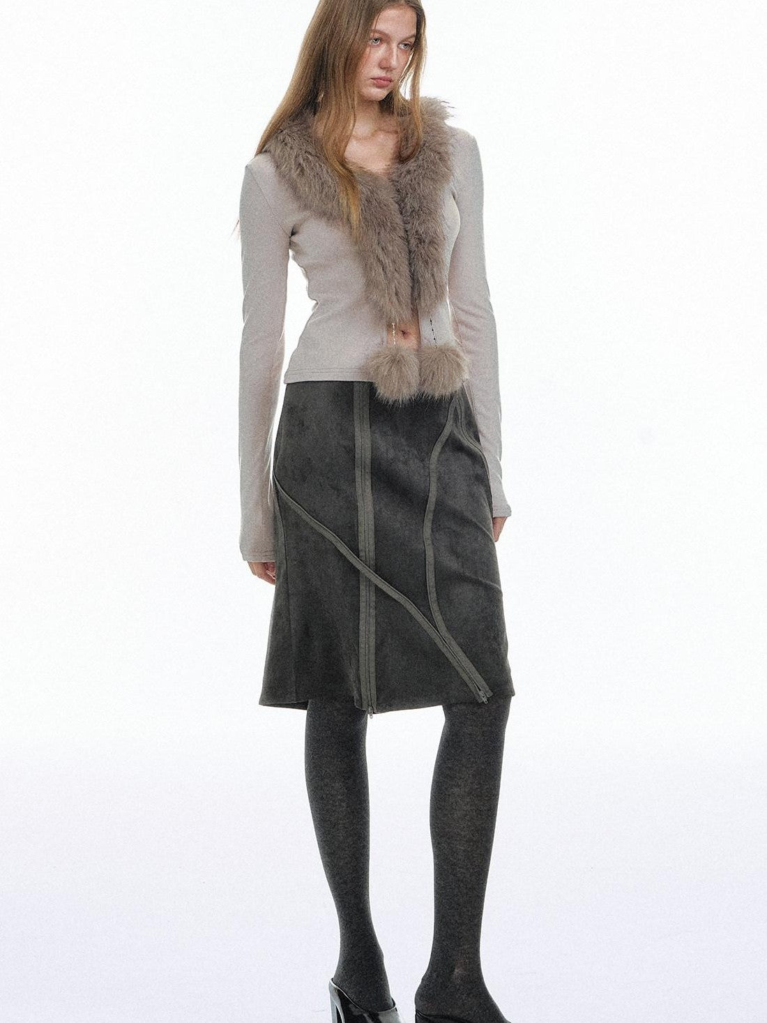 STRIKE A POSE Oatmeal Eco Fur Patchwork V-neck Slim Cropped Knit Women&