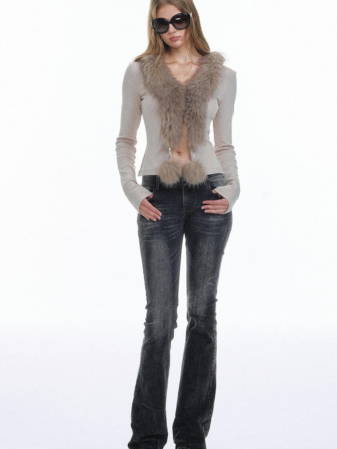 STRIKE A POSE Oatmeal Eco Fur Patchwork V-neck Slim Cropped Knit Women&