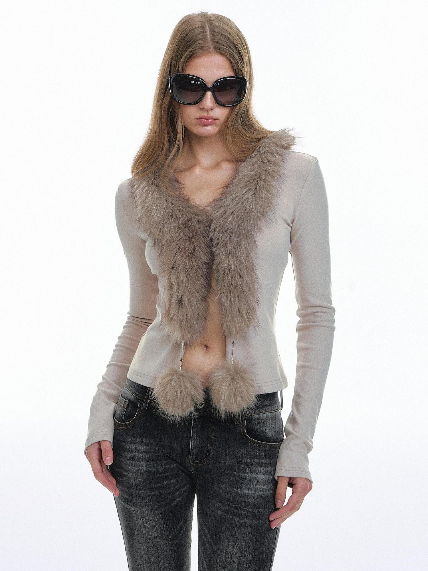 STRIKE A POSE Oatmeal Eco Fur Patchwork V-neck Slim Cropped Knit Women&