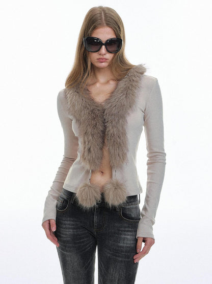 STRIKE A POSE Oatmeal Eco Fur Patchwork V-neck Slim Cropped Knit Women&