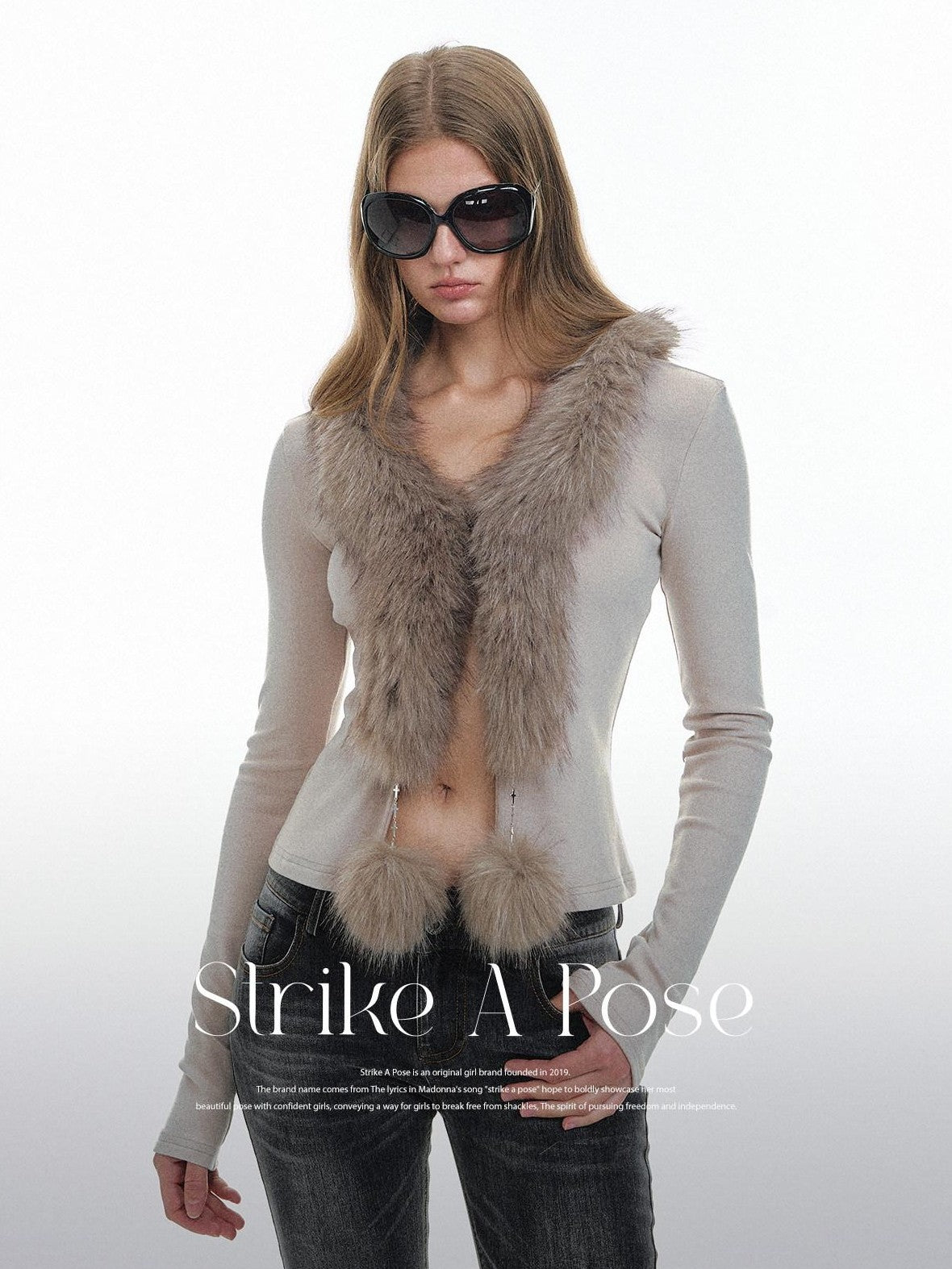 STRIKE A POSE Oatmeal Eco Fur Patchwork V-neck Slim Cropped Knit Women&