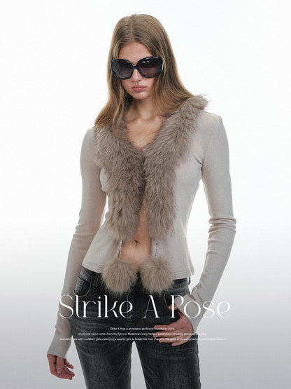 STRIKE A POSE Oatmeal Eco Fur Patchwork V-neck Slim Cropped Knit Women&