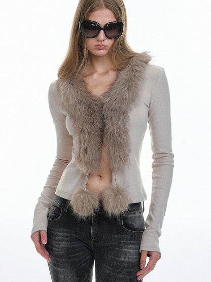 STRIKE A POSE Oatmeal Eco Fur Patchwork V-neck Slim Cropped Knit Women&