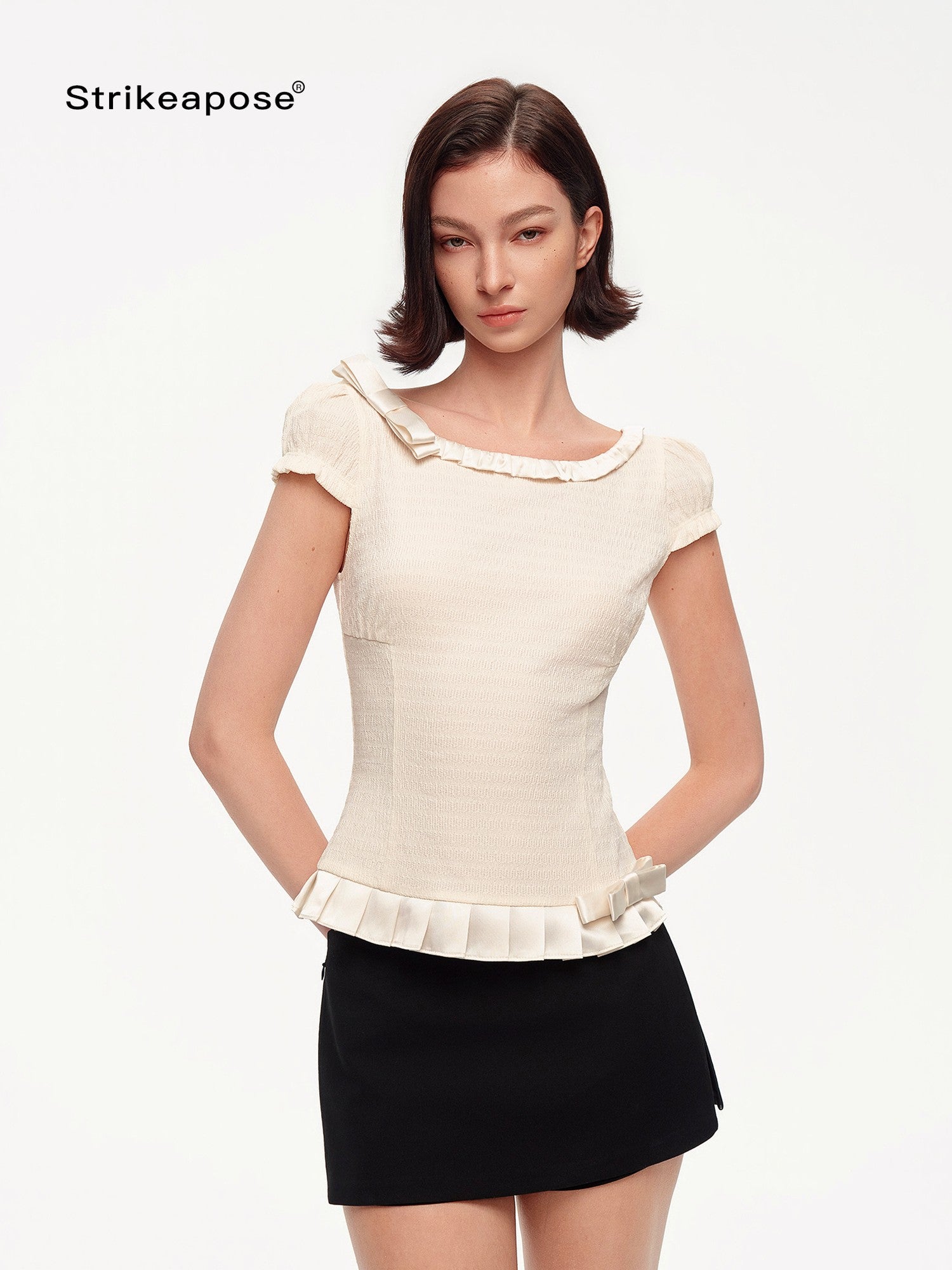 STRIKE A POSE Off Shoulder Puff Textured Waist Bow Women&