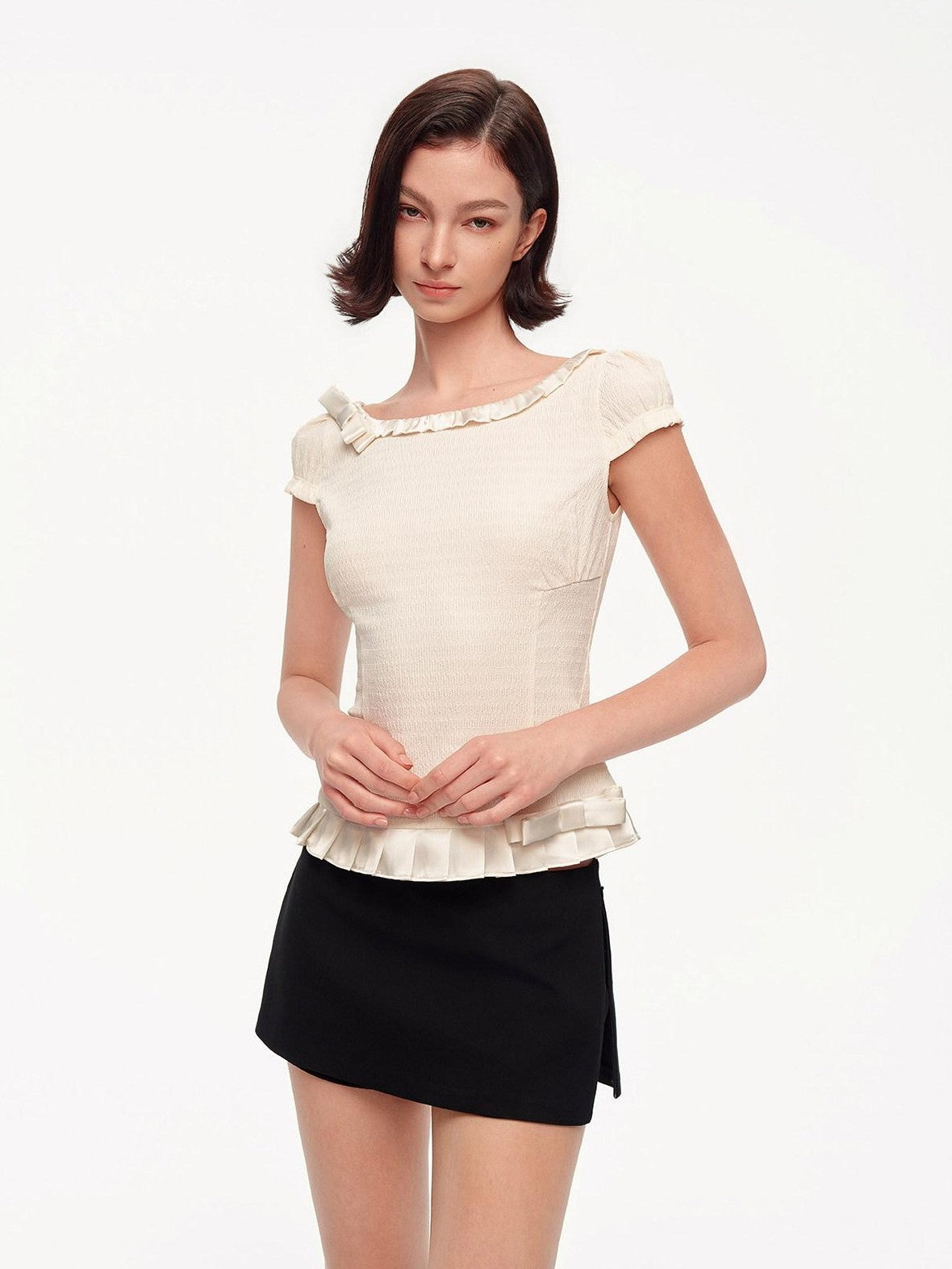 STRIKE A POSE Off Shoulder Puff Textured Waist Bow Women&