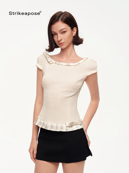 STRIKE A POSE Off Shoulder Puff Textured Waist Bow Women&