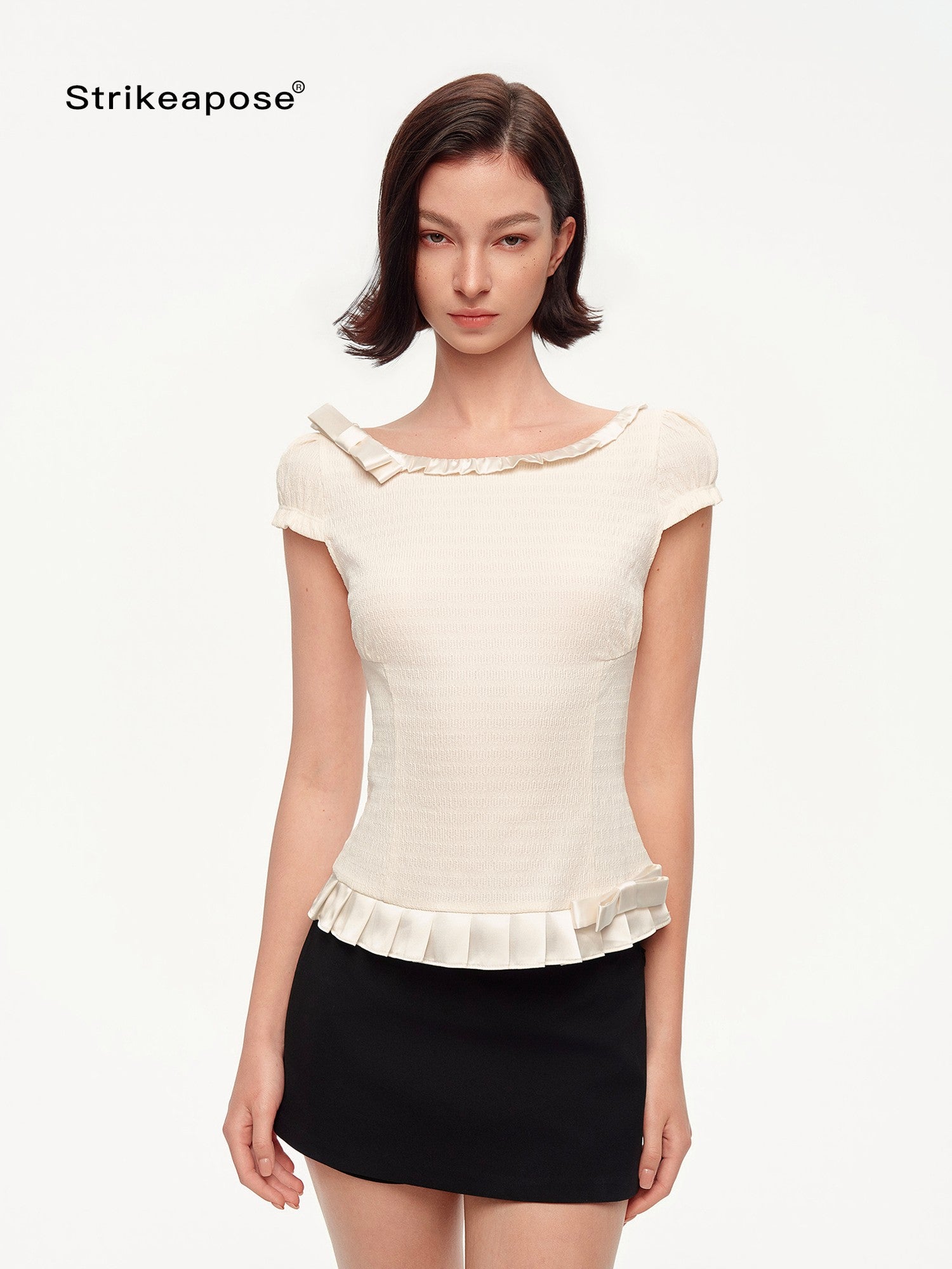 STRIKE A POSE Off Shoulder Puff Textured Waist Bow Women&