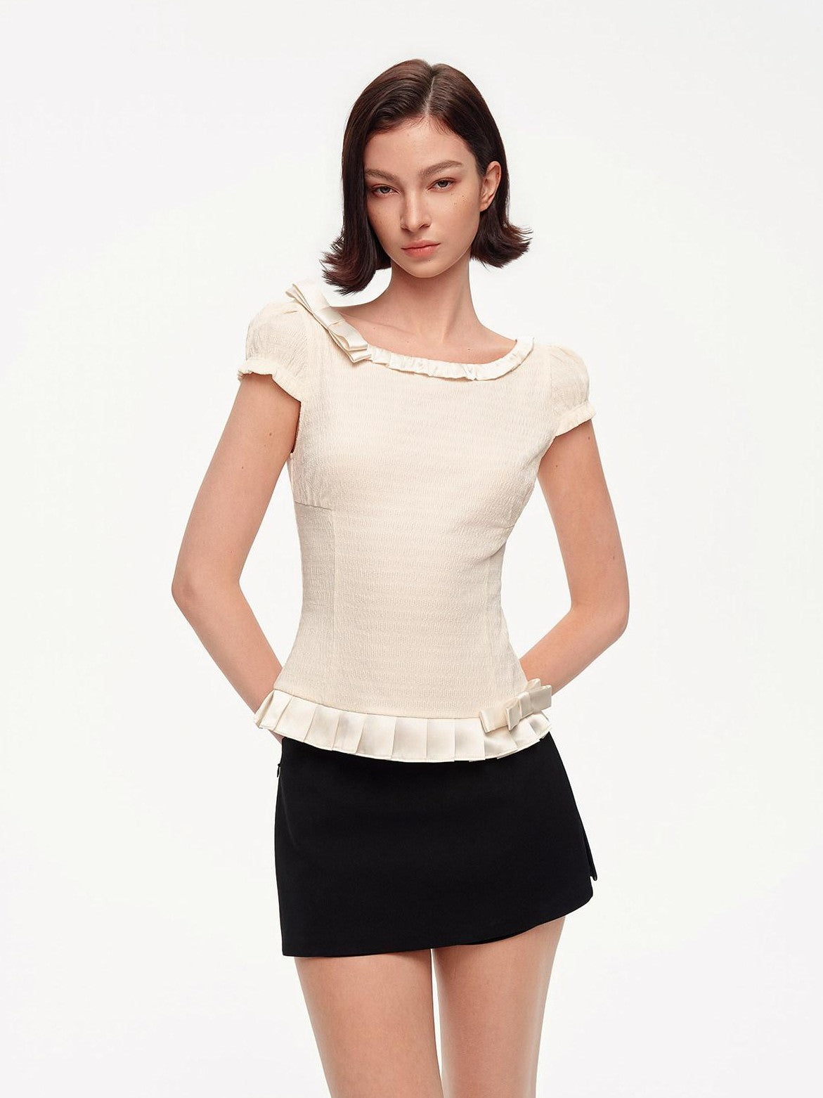 STRIKE A POSE Off Shoulder Puff Textured Waist Bow Women&