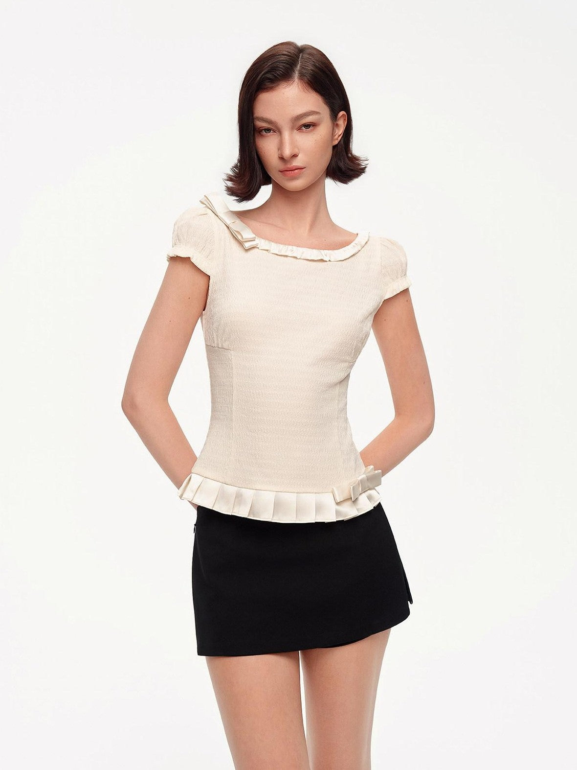 STRIKE A POSE Off Shoulder Puff Textured Waist Bow Women&