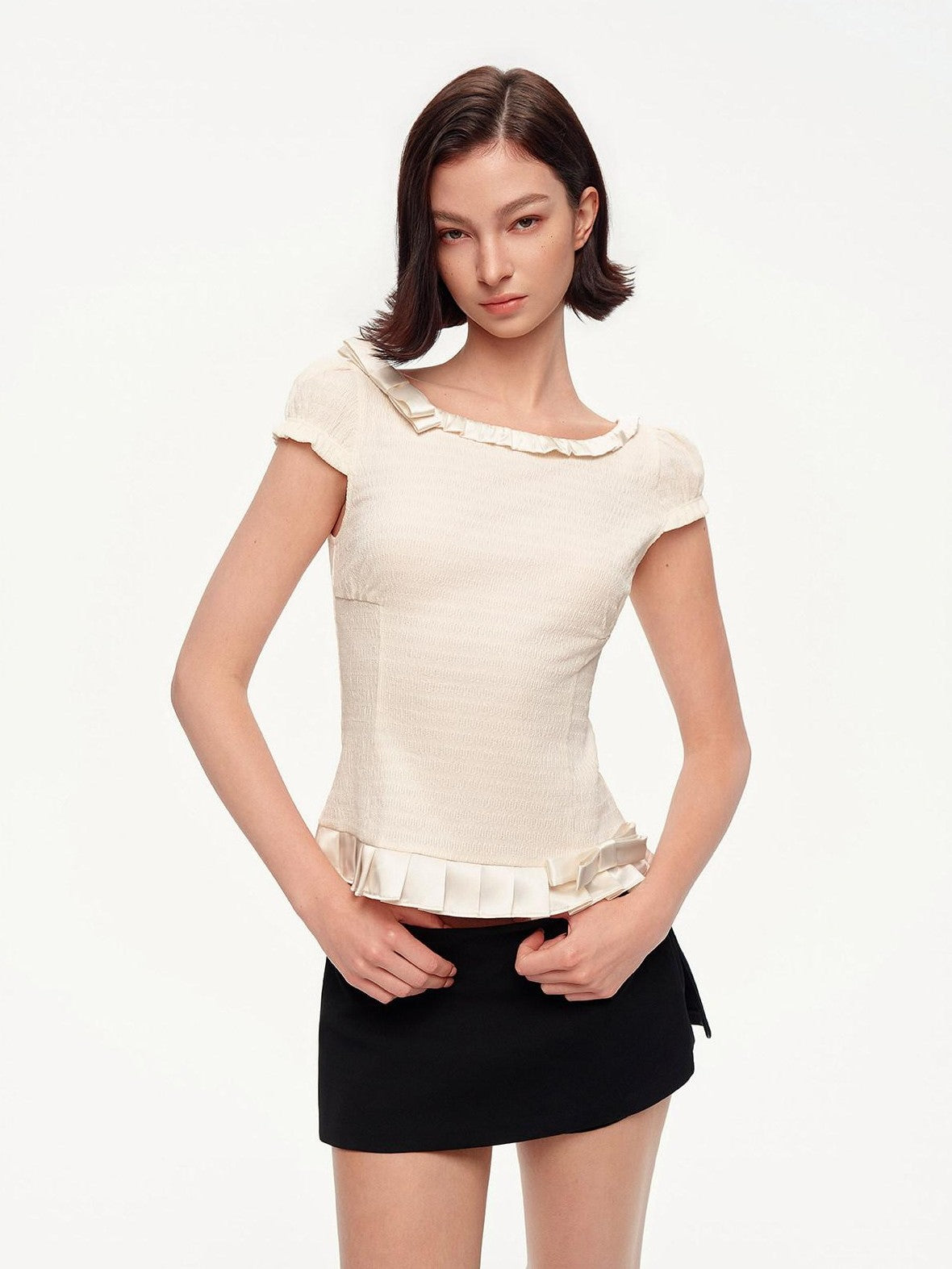 STRIKE A POSE Off Shoulder Puff Textured Waist Bow Women&