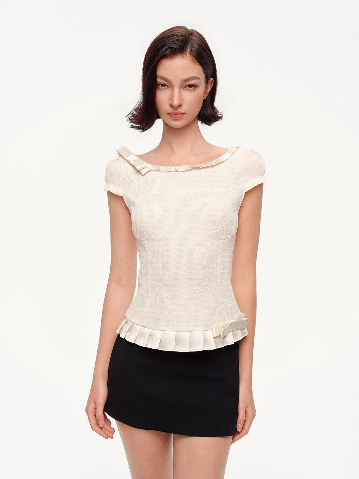 STRIKE A POSE Off Shoulder Puff Textured Waist Bow Women&
