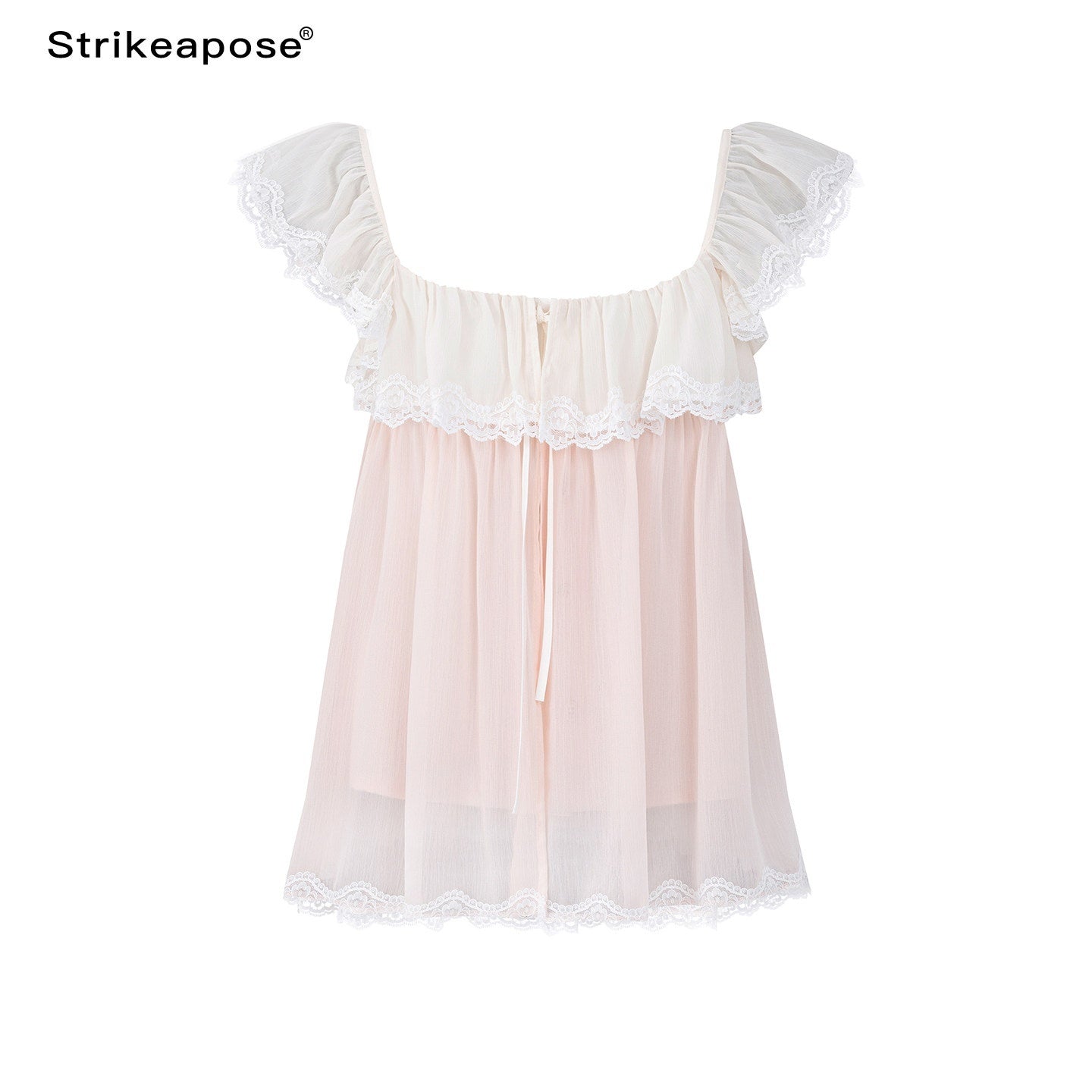 STRIKE_A_POSE_Pink_Bow_Mesh_Square_Neck_Double_Layer_Lace_Ruffle_Women&