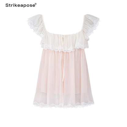 STRIKE_A_POSE_Pink_Bow_Mesh_Square_Neck_Double_Layer_Lace_Ruffle_Women&