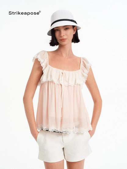 STRIKE A POSE Pink Bow Mesh Square Neck Double Layer Lace Ruffle Women&