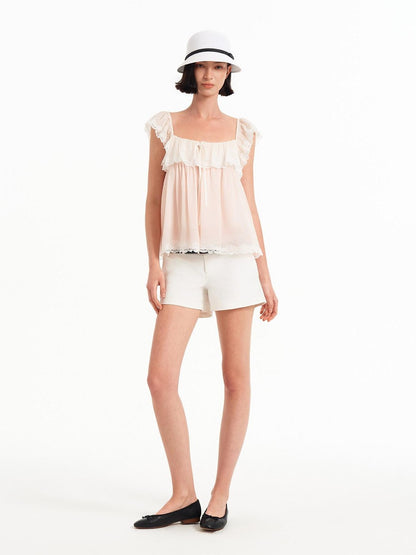 STRIKE A POSE Pink Bow Mesh Square Neck Double Layer Lace Ruffle Women&