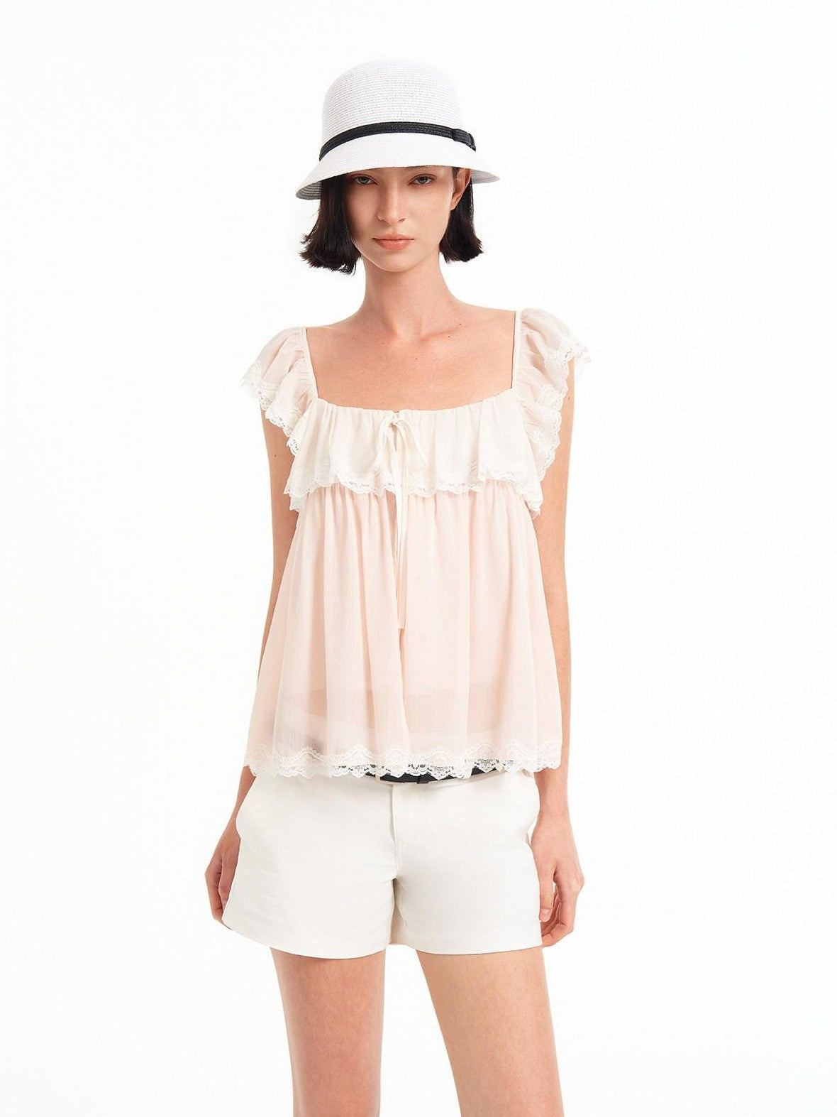 STRIKE A POSE Pink Bow Mesh Square Neck Double Layer Lace Ruffle Women&