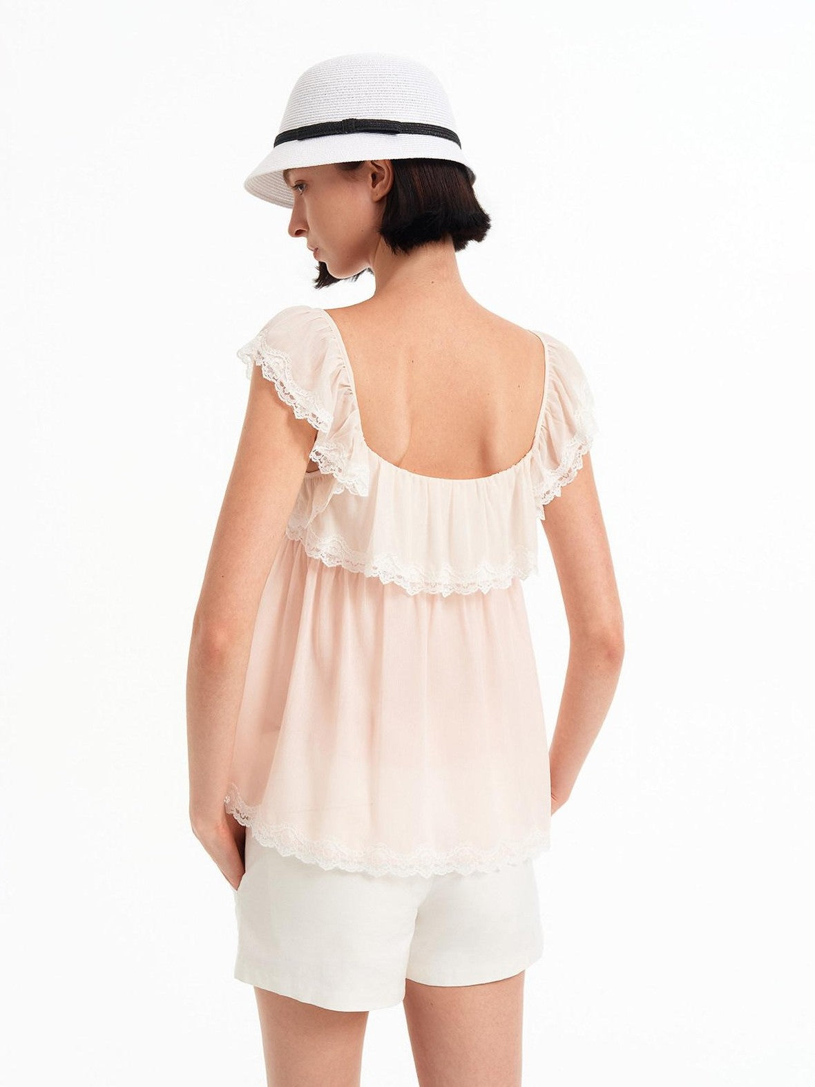 STRIKE A POSE Pink Bow Mesh Square Neck Double Layer Lace Ruffle Women&