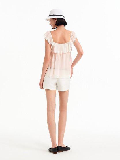 STRIKE A POSE Pink Bow Mesh Square Neck Double Layer Lace Ruffle Women&