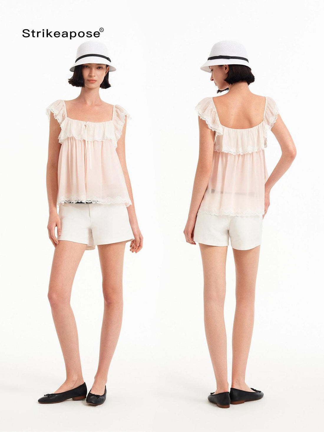 STRIKE A POSE Pink Bow Mesh Square Neck Double Layer Lace Ruffle Women&