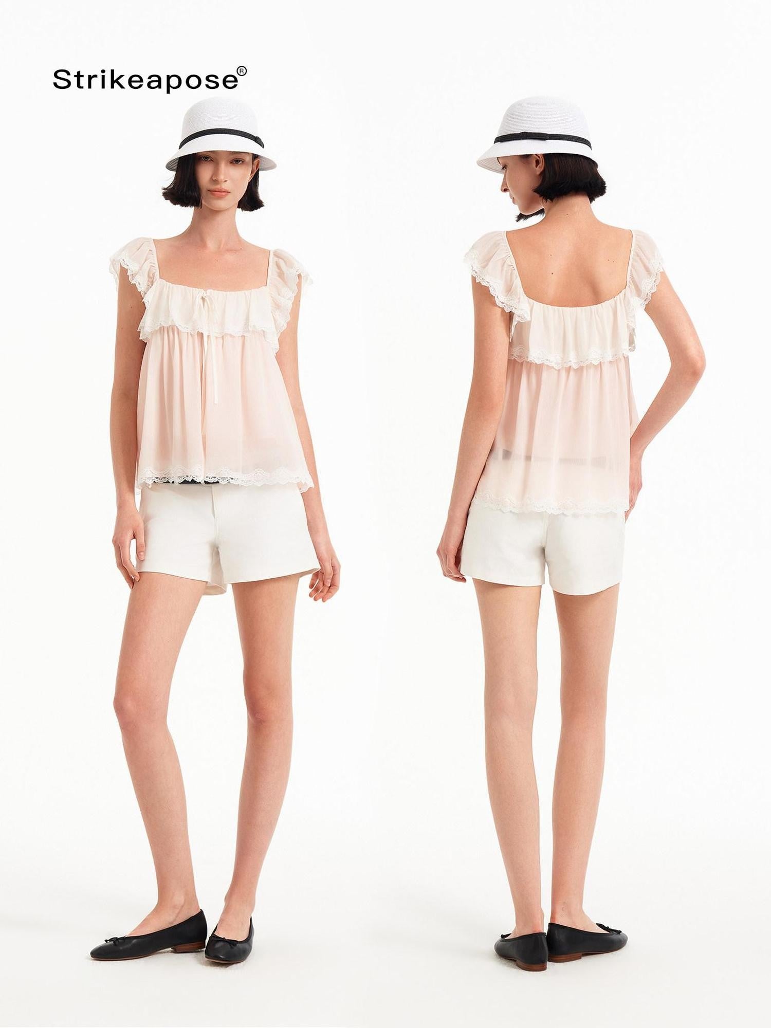 STRIKE A POSE Pink Bow Mesh Square Neck Double Layer Lace Ruffle Women&