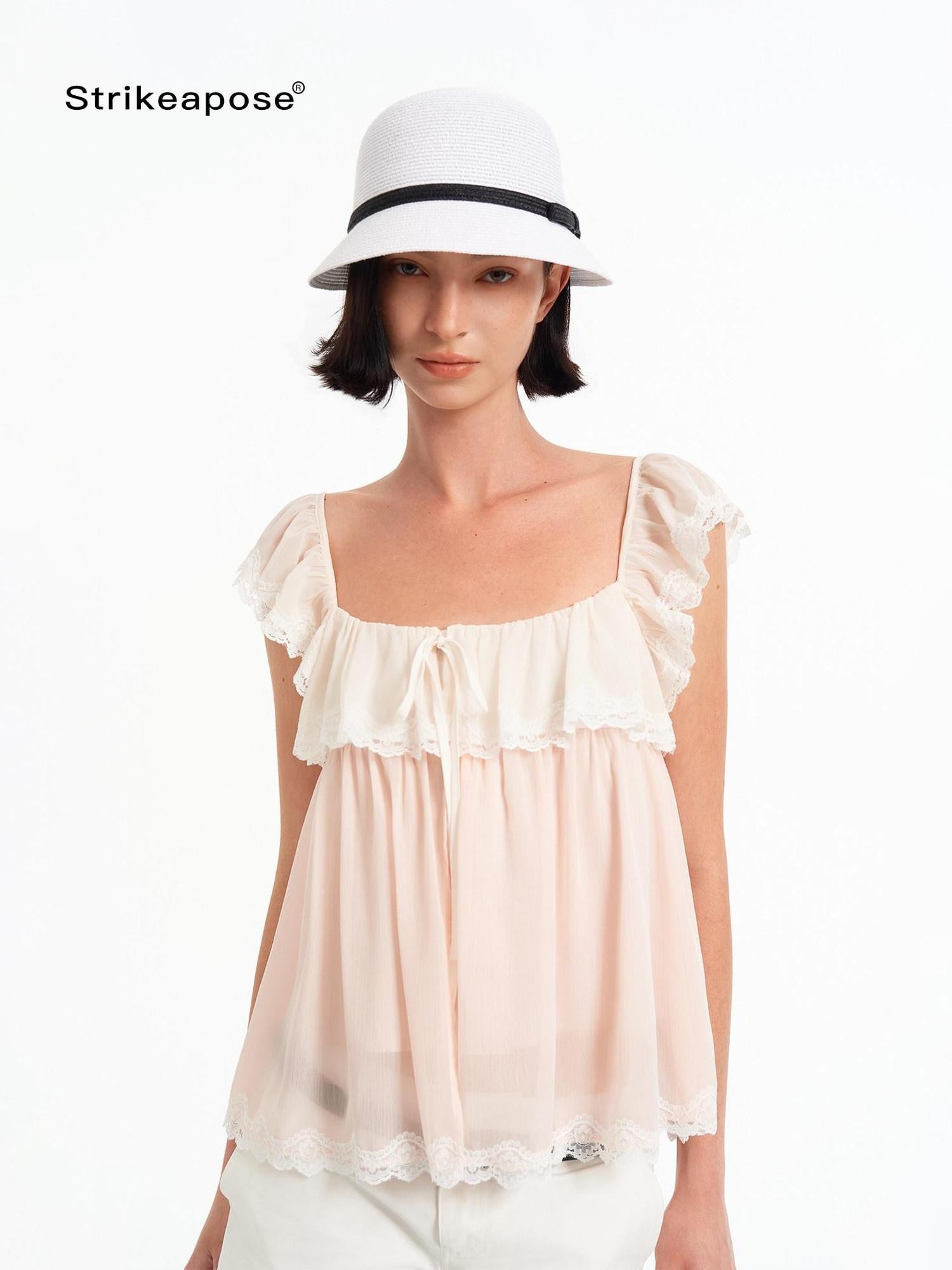 STRIKE A POSE Pink Bow Mesh Square Neck Double Layer Lace Ruffle Women&