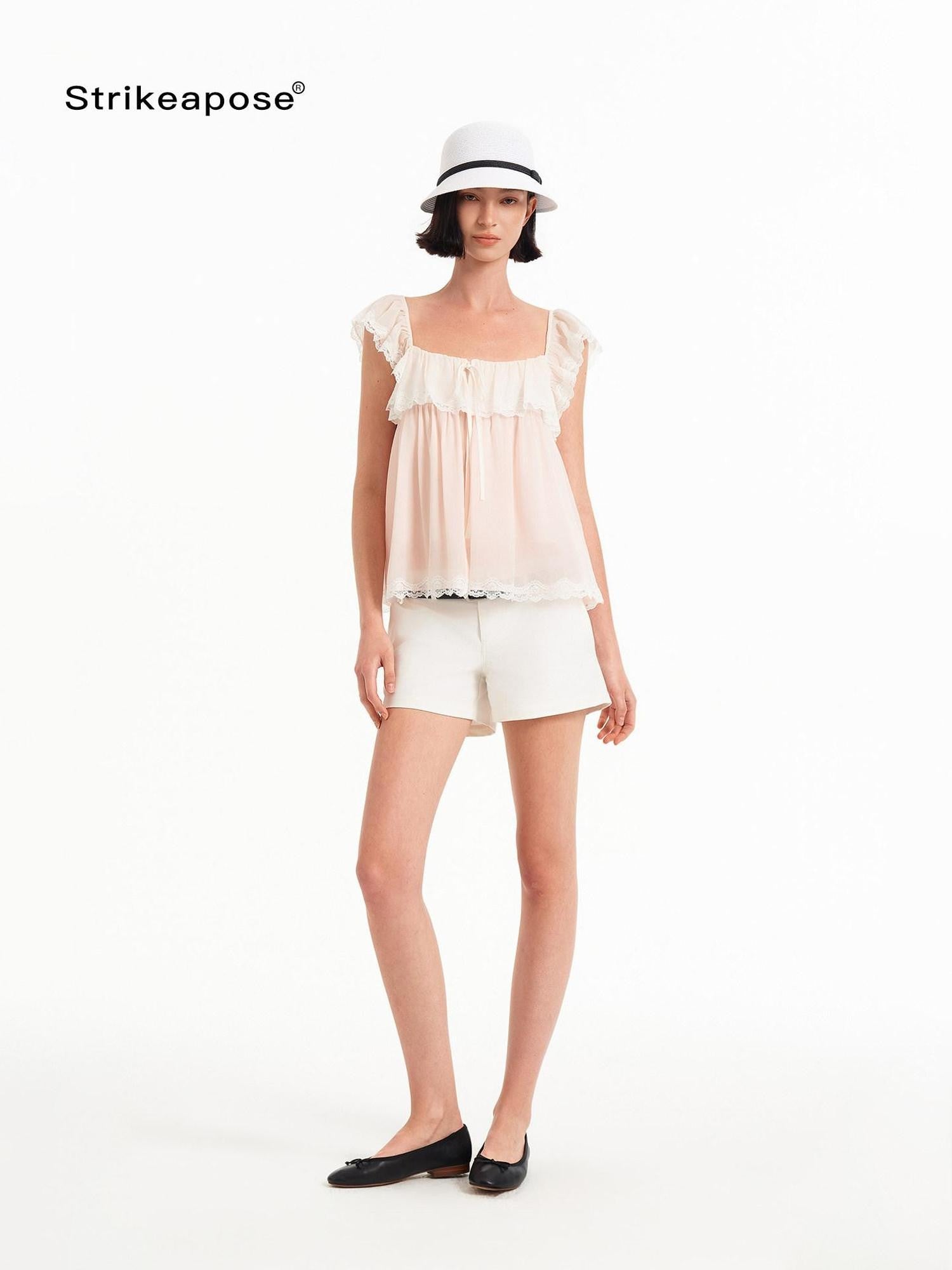 STRIKE A POSE Pink Bow Mesh Square Neck Double Layer Lace Ruffle Women&