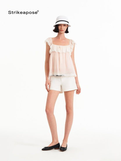 STRIKE A POSE Pink Bow Mesh Square Neck Double Layer Lace Ruffle Women&