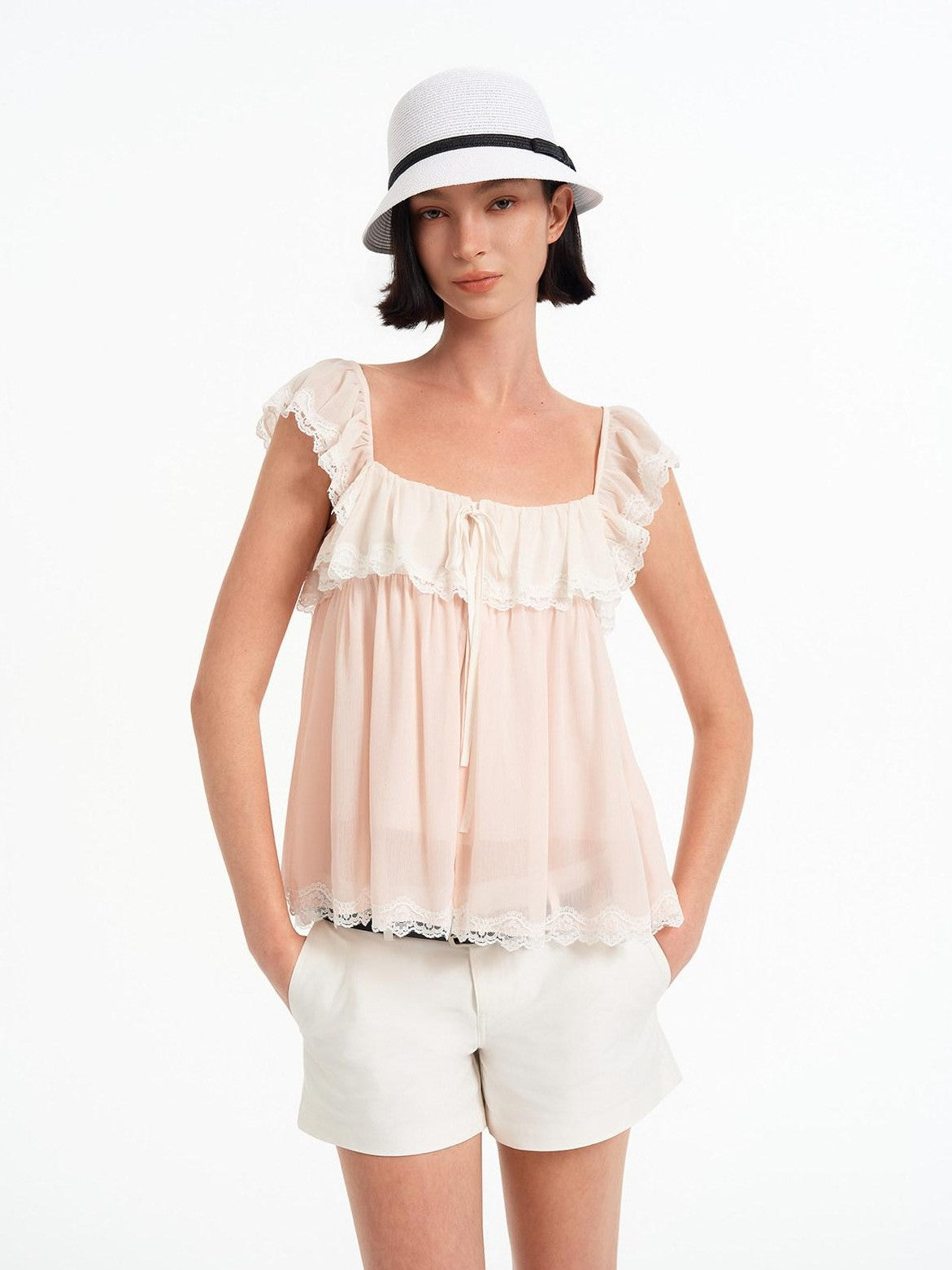 STRIKE A POSE Pink Bow Mesh Square Neck Double Layer Lace Ruffle Women&