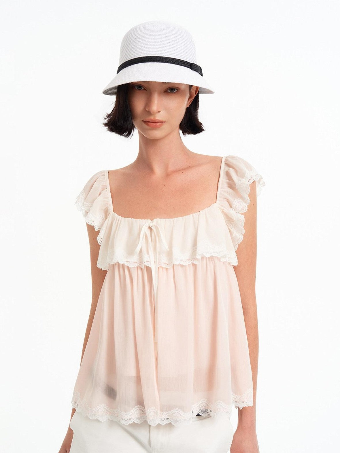 STRIKE A POSE Pink Bow Mesh Square Neck Double Layer Lace Ruffle Women&