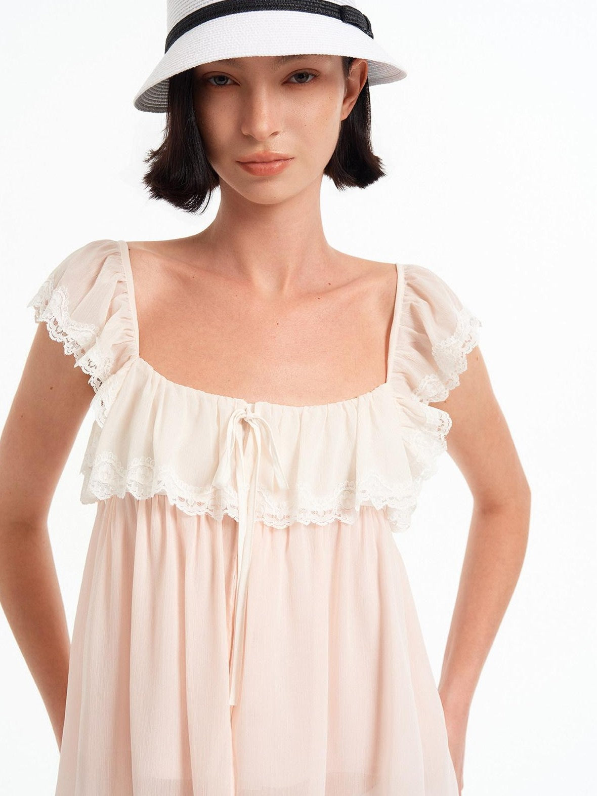 STRIKE A POSE Pink Bow Mesh Square Neck Double Layer Lace Ruffle Women&