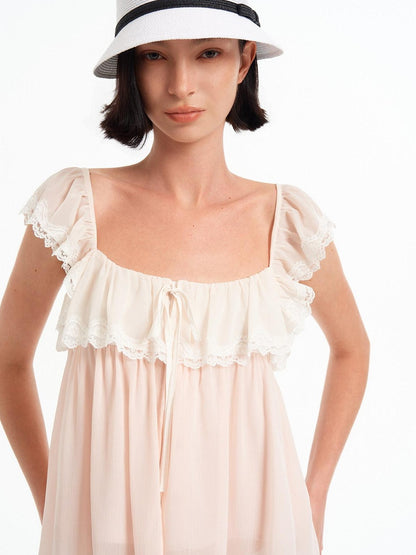 STRIKE A POSE Pink Bow Mesh Square Neck Double Layer Lace Ruffle Women&