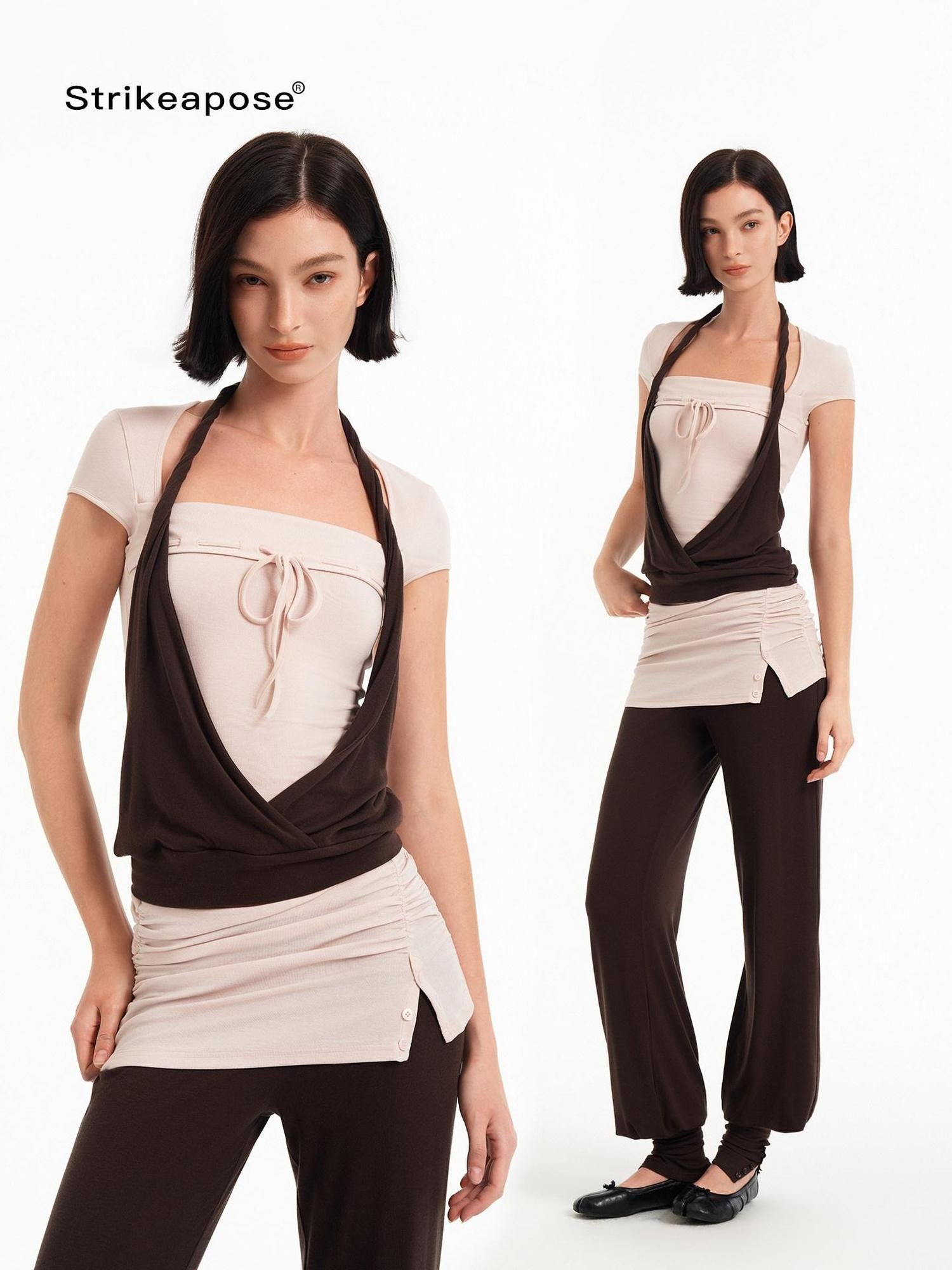 STRIKE A POSE Pink Brown Colorblock Faux Layered Women&