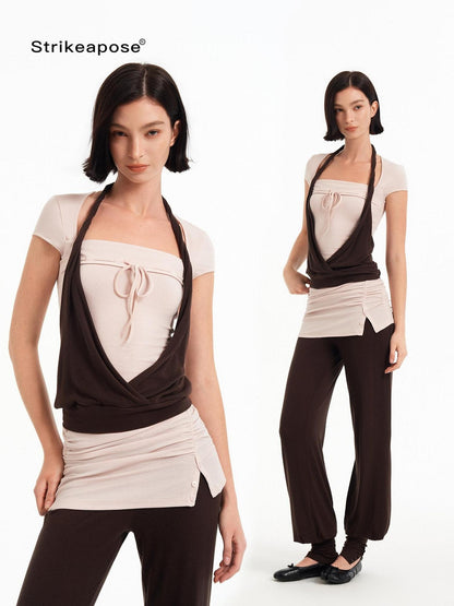 STRIKE A POSE Pink Brown Colorblock Faux Layered Women&