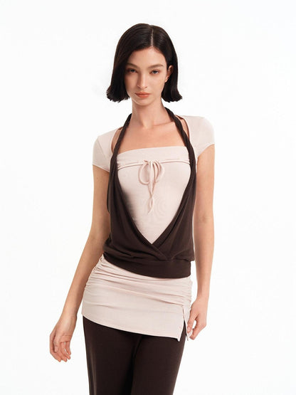 STRIKE A POSE Pink Brown Colorblock Faux Layered Women&