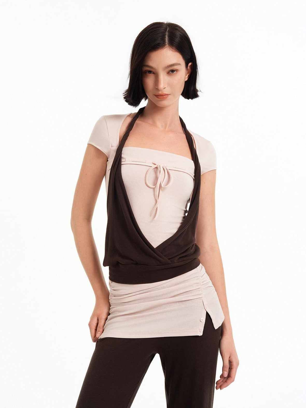 STRIKE A POSE Pink Brown Colorblock Faux Layered Women&