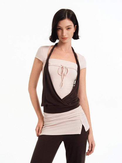 STRIKE A POSE Pink Brown Colorblock Faux Layered Women&
