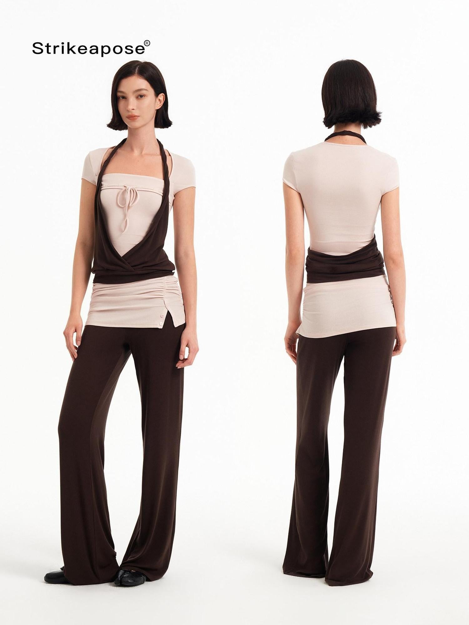 STRIKE A POSE Pink Brown Colorblock Faux Layered Women&