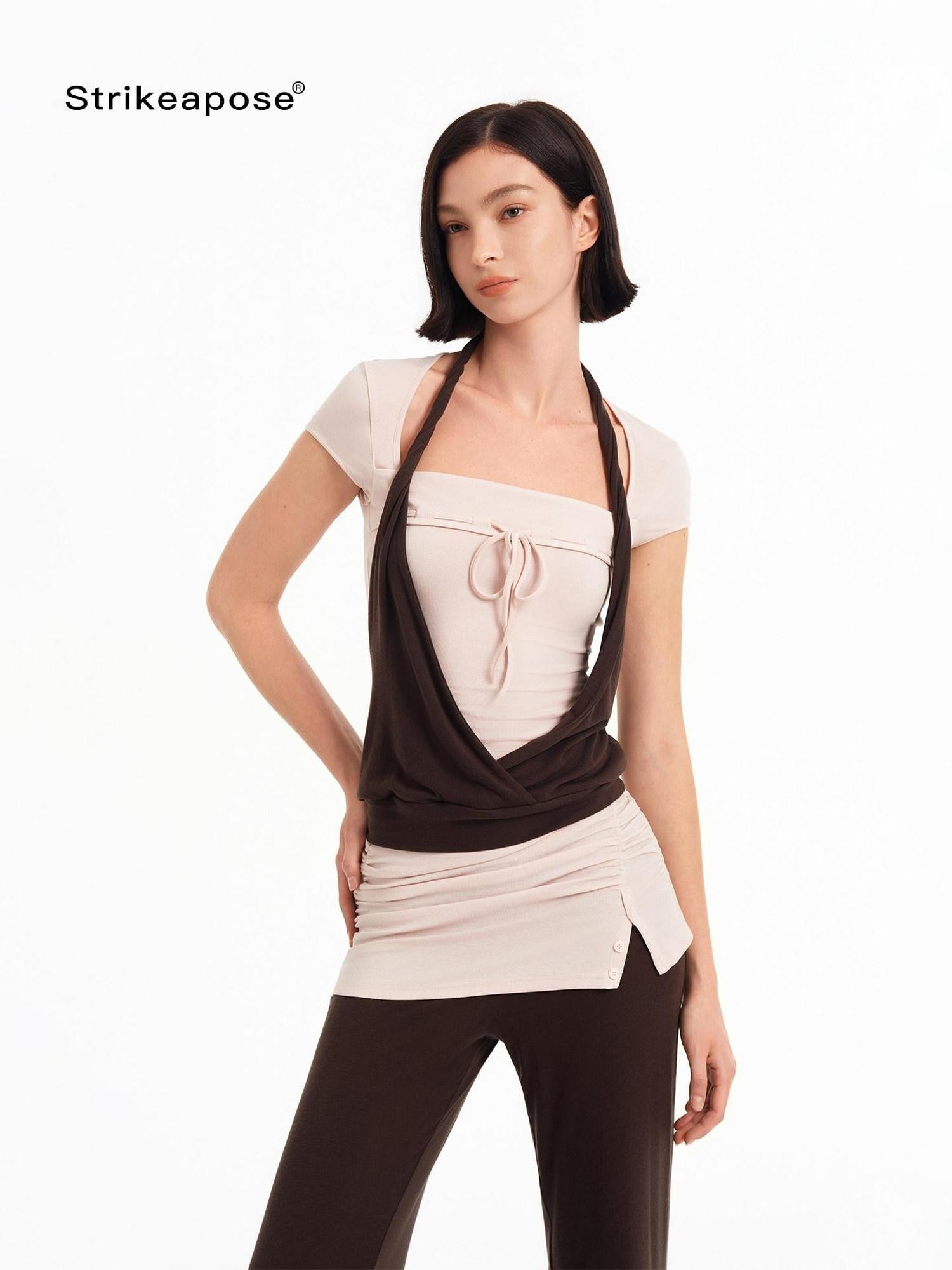 STRIKE A POSE Pink Brown Colorblock Faux Layered Women&