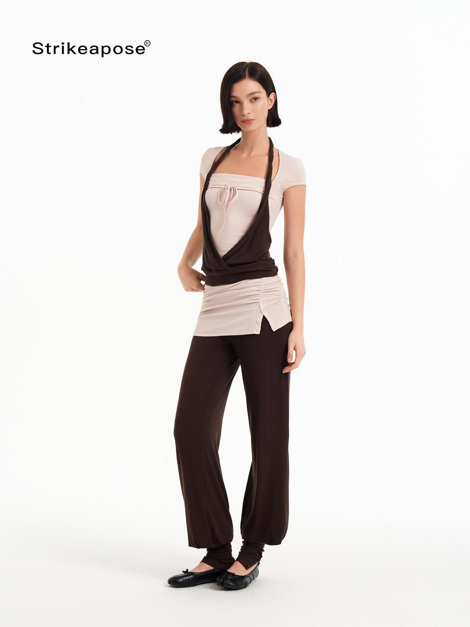 STRIKE A POSE Pink Brown Colorblock Faux Layered Women&
