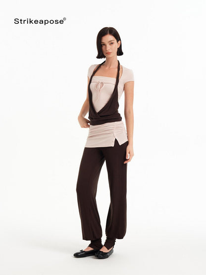 STRIKE A POSE Pink Brown Colorblock Faux Layered Women&