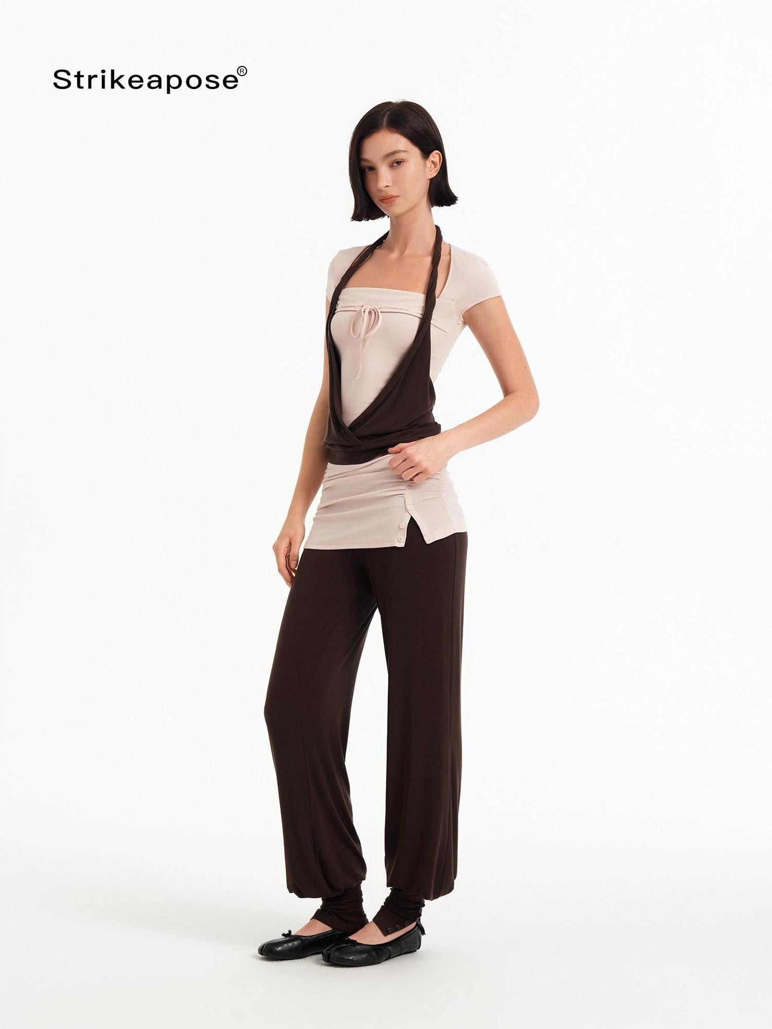STRIKE A POSE Pink Brown Colorblock Faux Layered Women&