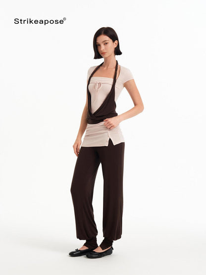 STRIKE A POSE Pink Brown Colorblock Faux Layered Women&